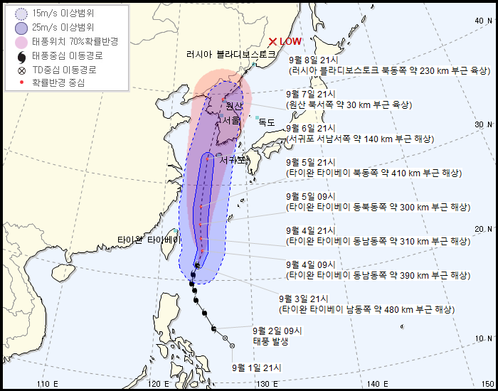제 13호 태풍 링링 예상 진로...한국 - 태안반도➡️인천 부근 , 일본 - 인천 부근 상륙 (9.3 22:00)