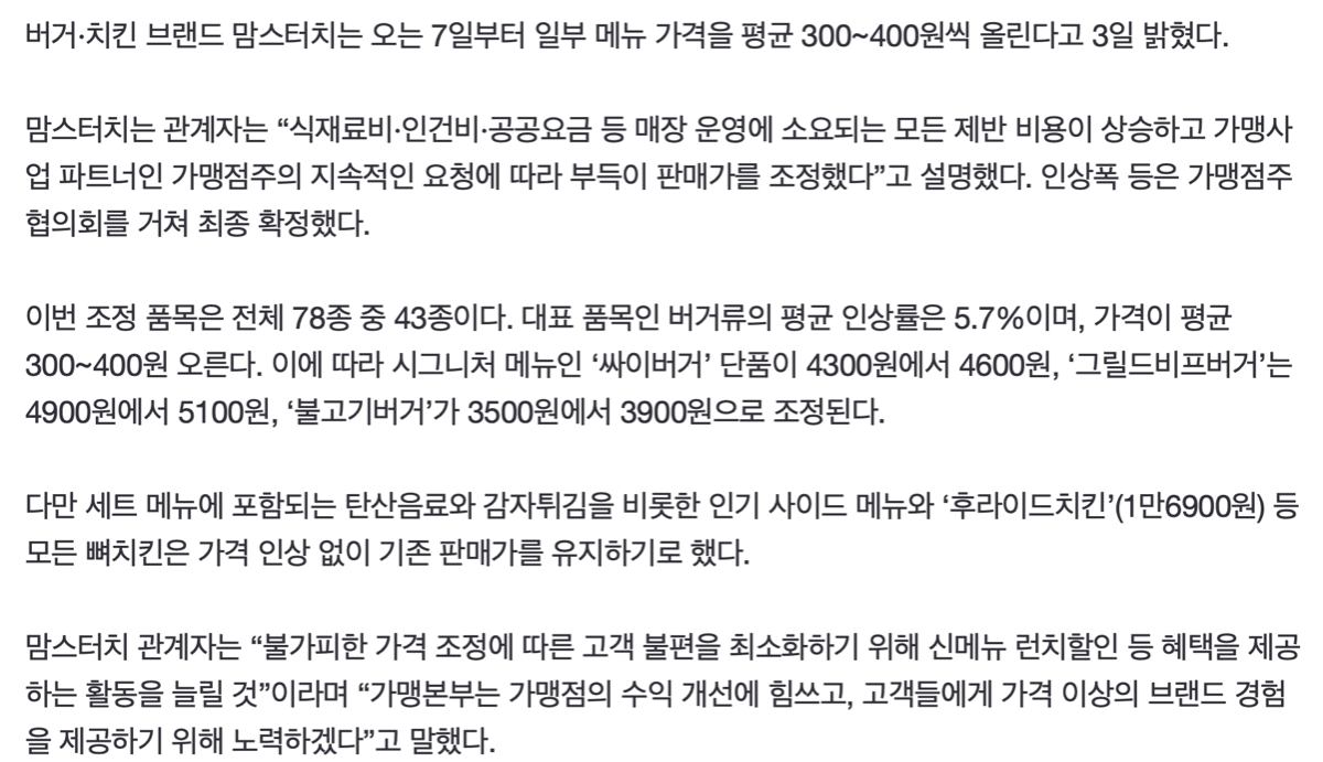 맘스터치 가격 인상