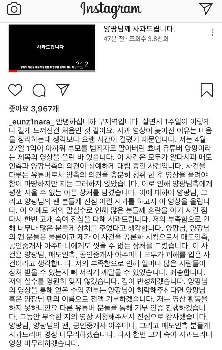 양팡 인스타에 올라온 유튜버 구제역 사과문