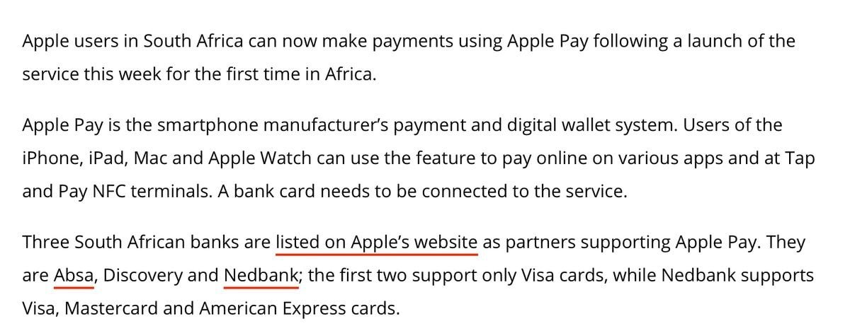 애플페이, 남아공 서비스 시작