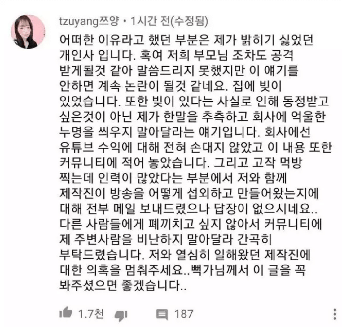 논란영상에 직접 해명댓글 달아준 쯔양
