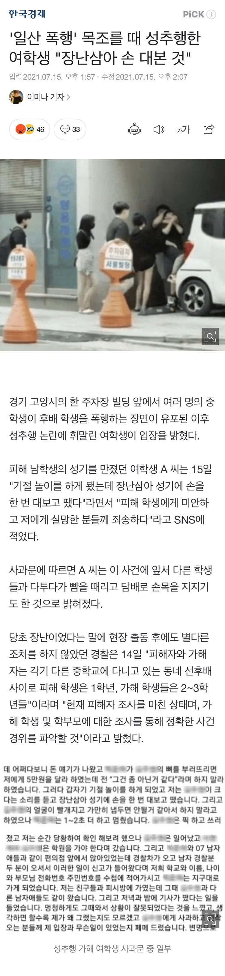 '일산 폭행' 목조를 때 성추행한 여학생 