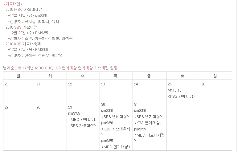 2010년 방송3사 MBC,SBS,KBS 연예대상,연기대상,가요대전 일정!!