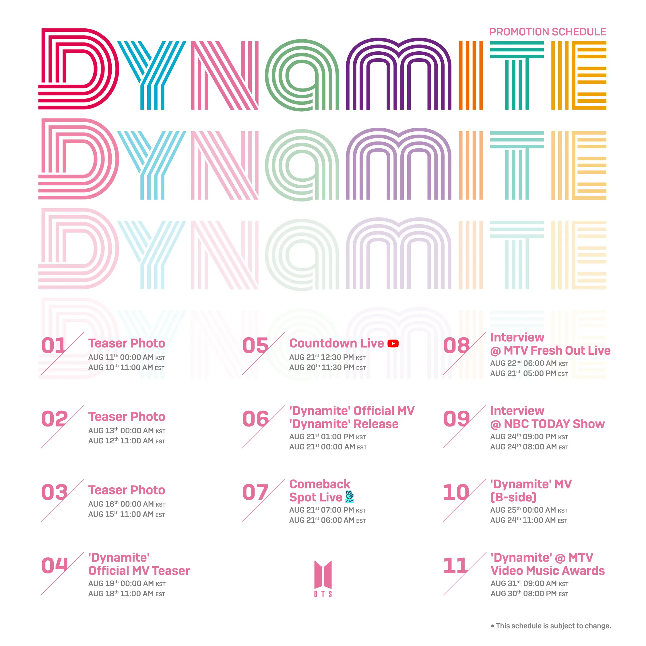 방탄소년단 Dynamite Promotion Schedule