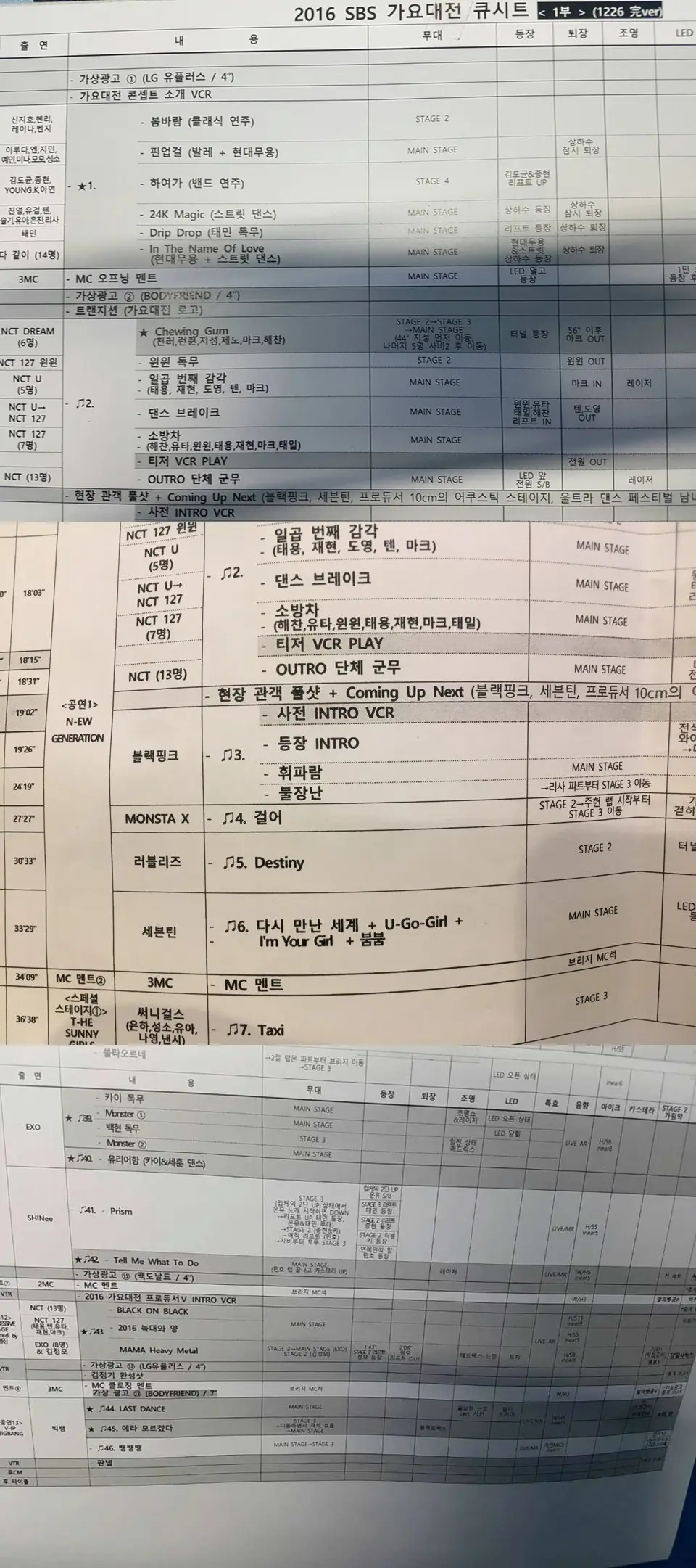 SBS 가요대전 큐시트